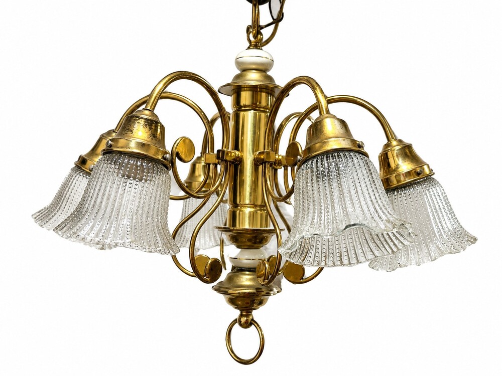 Vintage Solid Brass and Porcelain Chandelier Six Arm Light Fixture Hollywood Reg